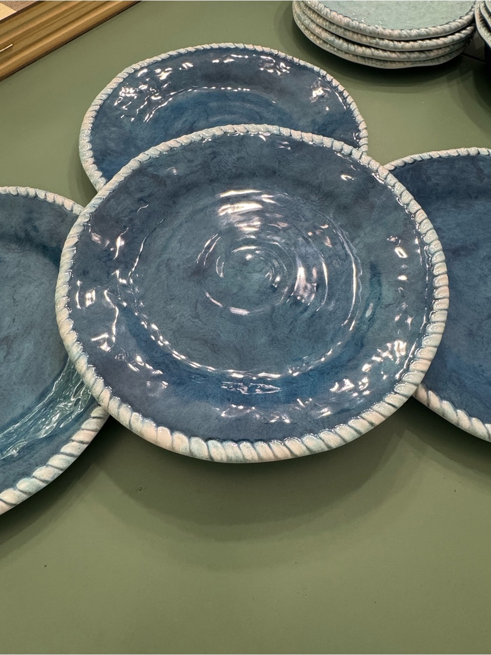 Blue Glazed Melamine Dinner Plate with White Rope Edge